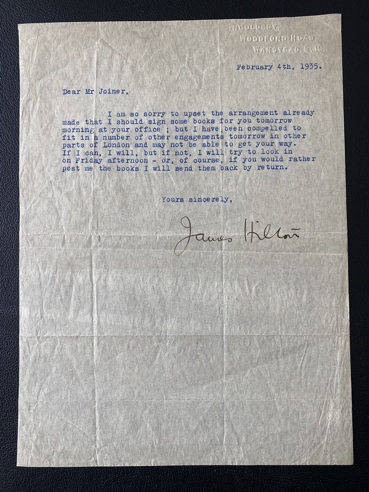 James Hilton Signed Letter Novelist and Screenwriter Autograph JSA