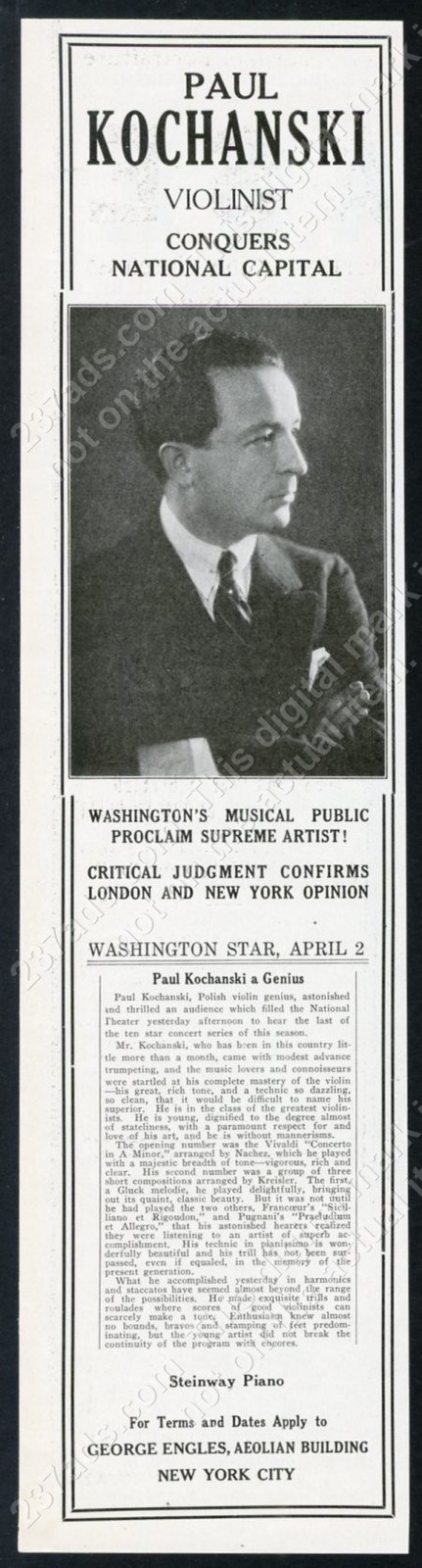 1921 Paul Kochanski photo violin recital booking vintage trade print ad