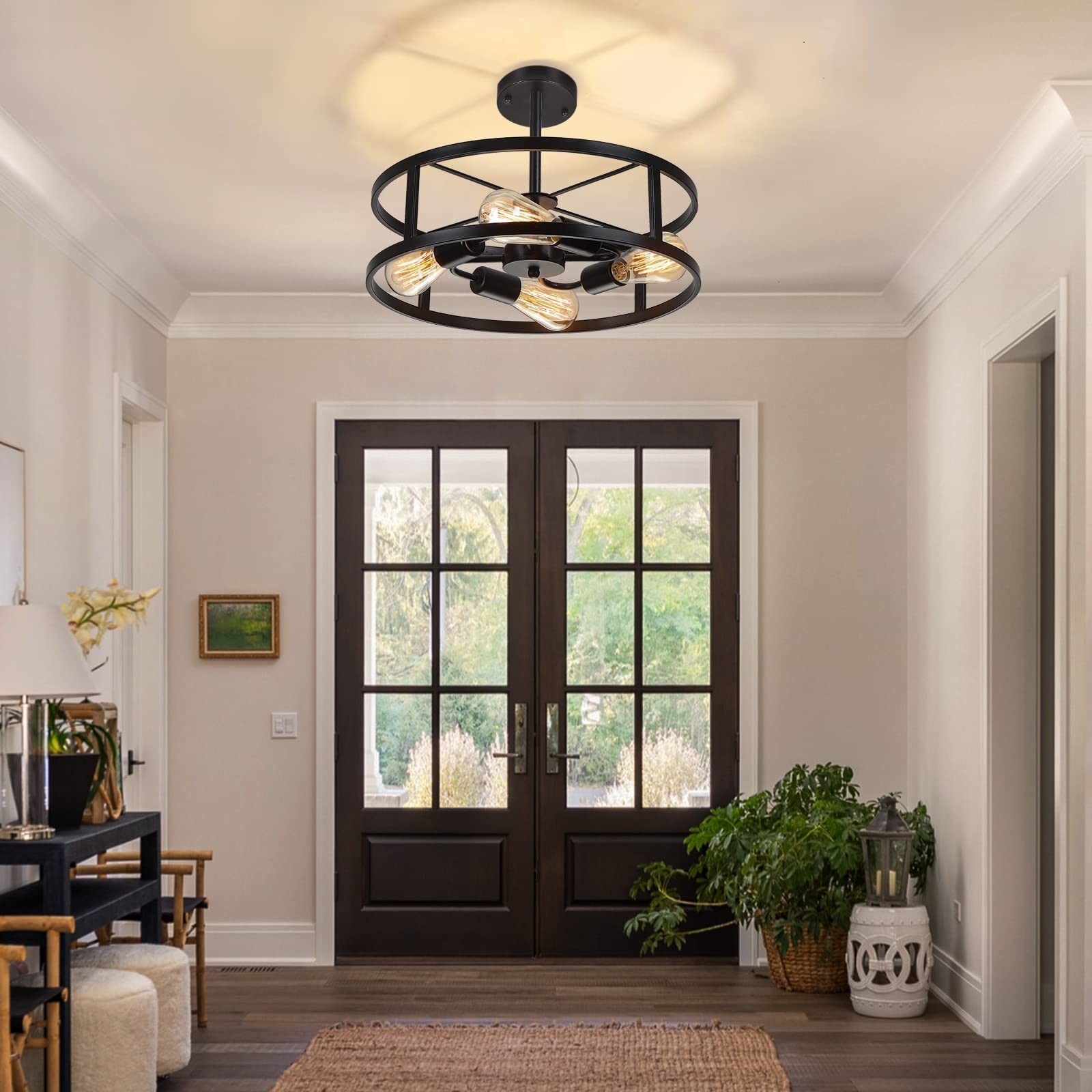 Black Semi Flush Mount Ceiling Light,Industrial Farmhouse Sloped Lights Fixtu…