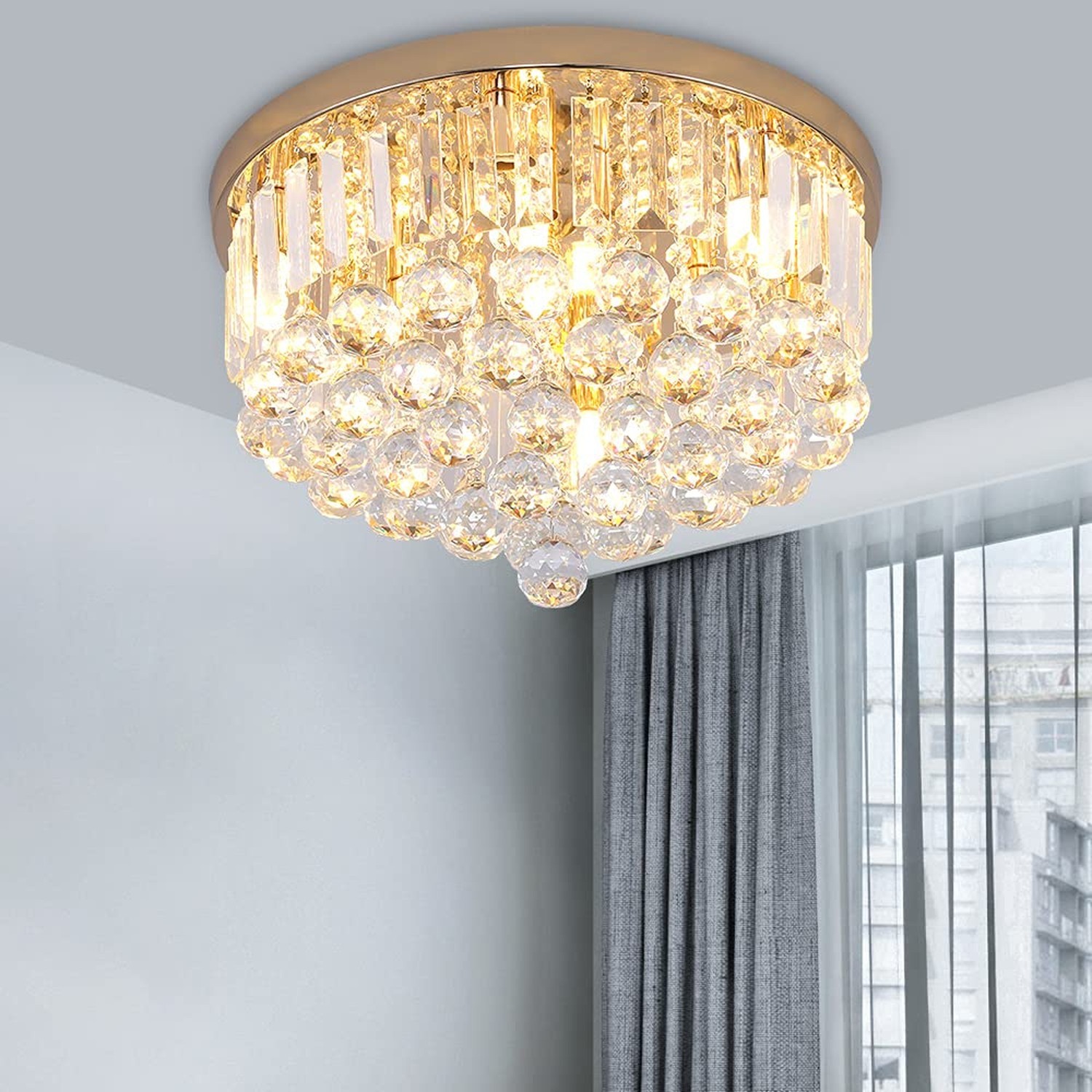 Mini Crystal Chandelier Ceiling Light,Flush Mount Modern Round K9 Crystal Rai…