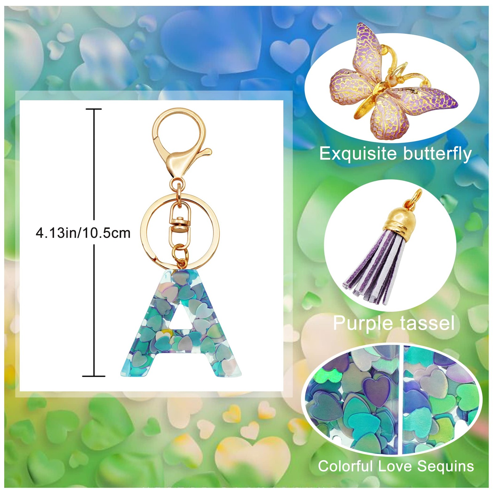 TTYY Initial Letter Keychains for Girls Women Pink Purple Green Cute Butterfly H