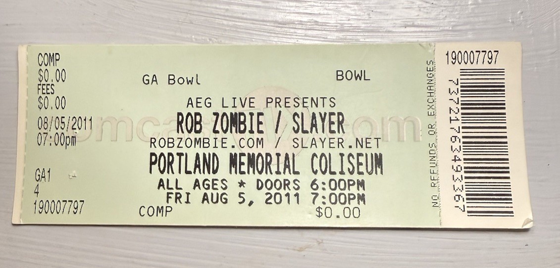 ROB ZOMBIE/SLAYER/EXODUS RARE CONCERT TICKET STUB PORTLAND, OR 08/05/2011