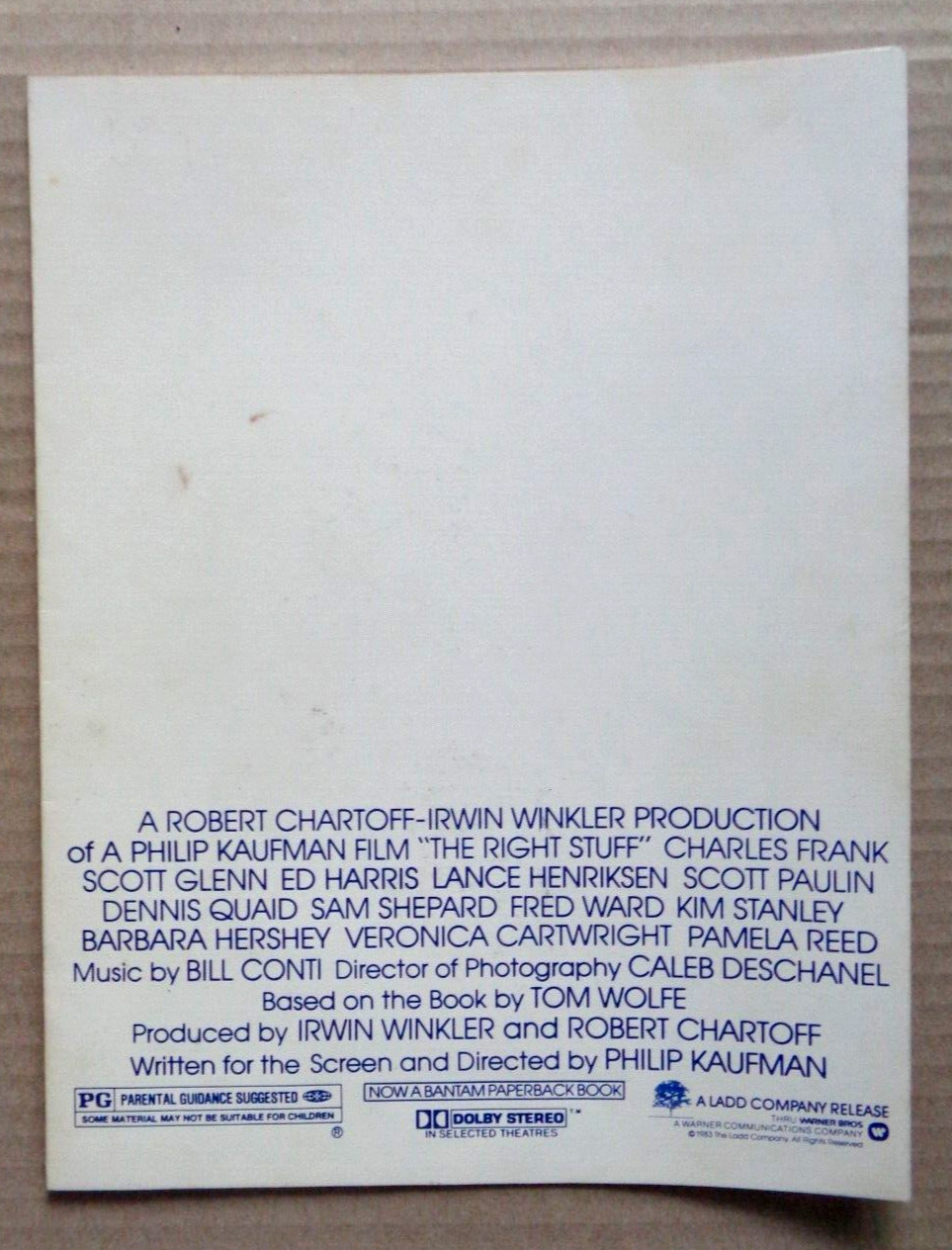 The Right Stuff 1983 Premiere Program Credit Sheet Ed Harris Sam Shepard