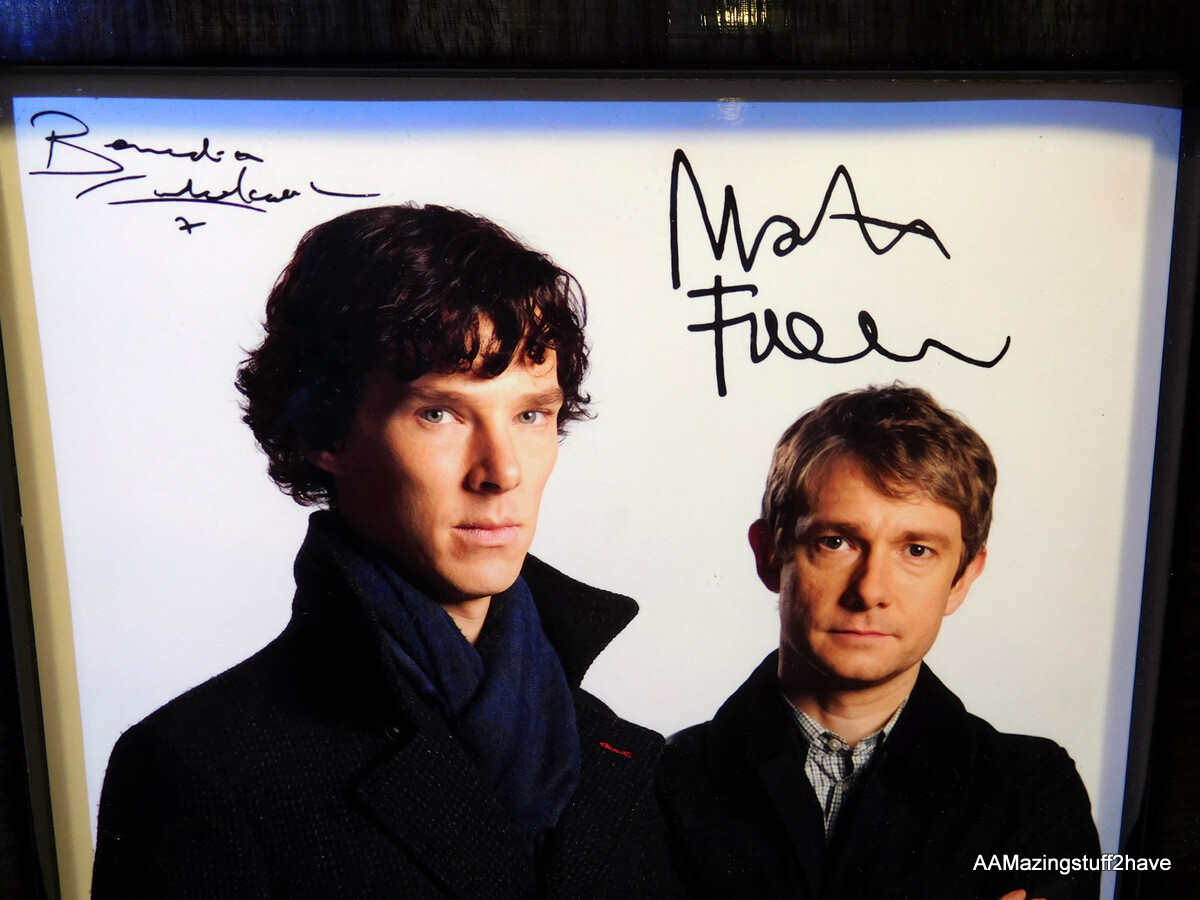 Benedict Cumberbatch & Martin Freeman TV Print in Black Glass frame Signed