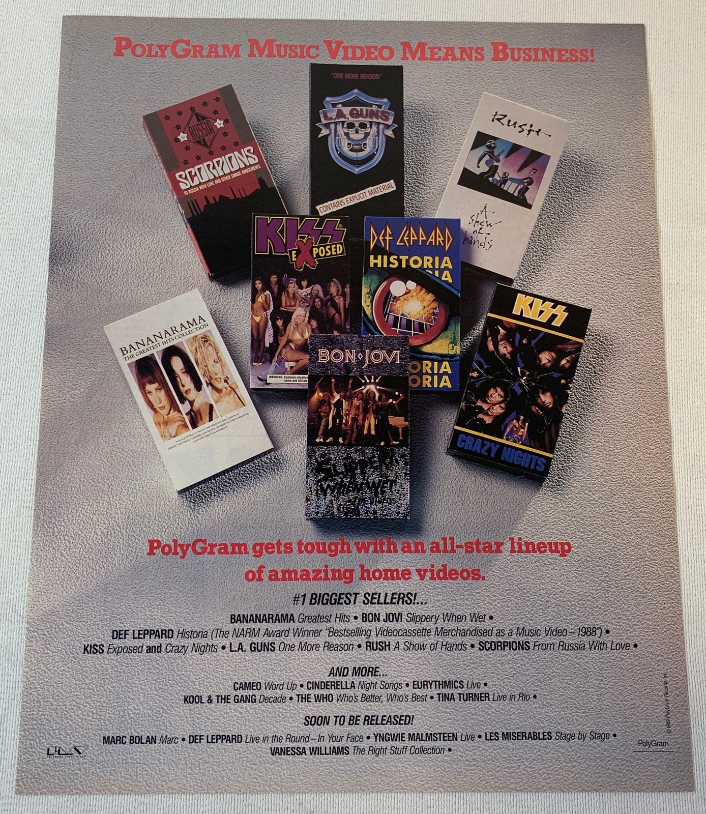 1989 music industry trade ad ~KISS,DEF LEPPARD,BON JOVI,RUSH,SCORPIONS,LA GUNS+