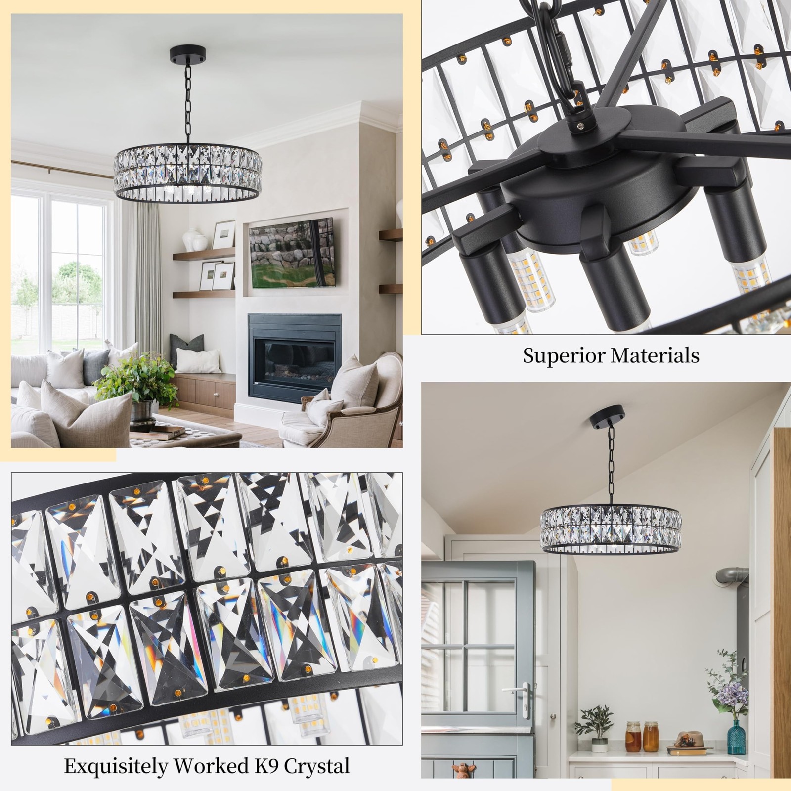 6-Light Black Crystal 18″ Round Semi Flush Mount Ceiling Chandelier | Elegant…