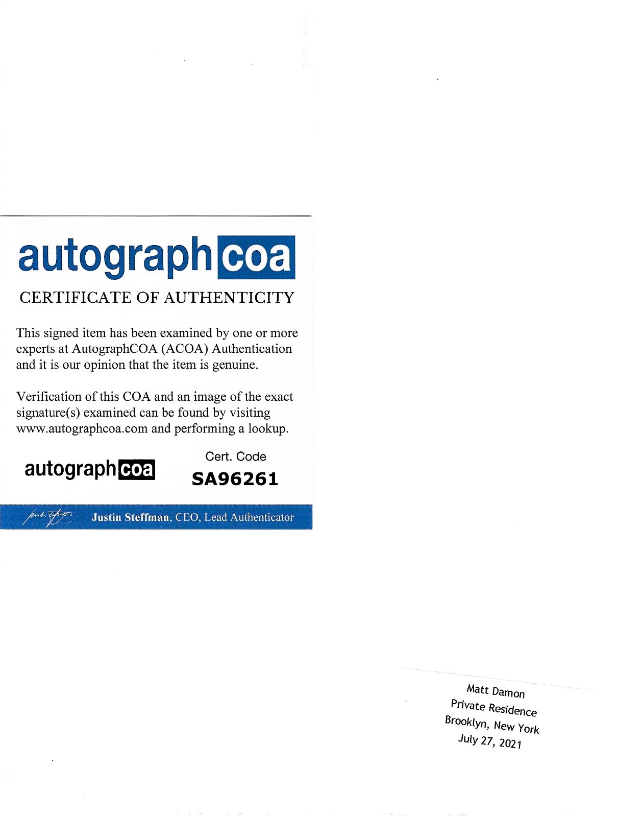 Matt Damon ACOA Certified Signed 8×10 Color Photo – “The Martian” with ACOA COA