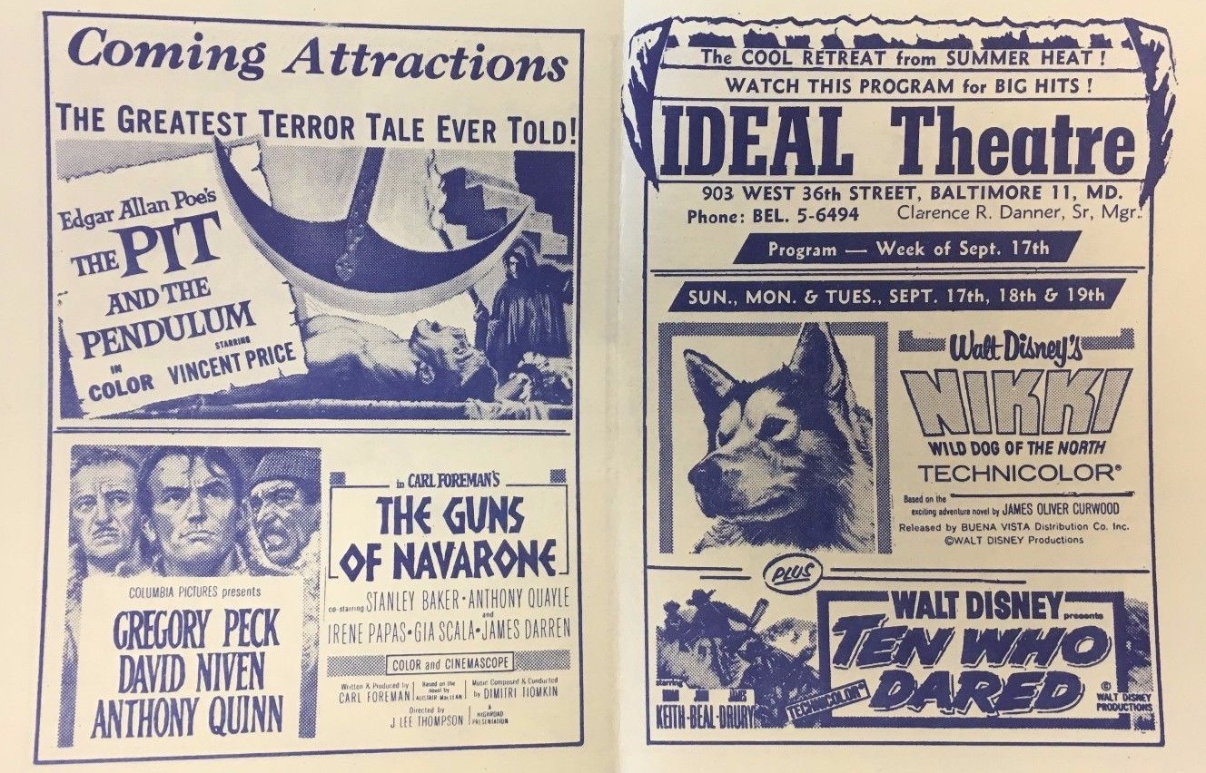 Bardot PIT & THE PENDULUM Sinatra vintage 1961 handout Ideal Theatre Hampden MD