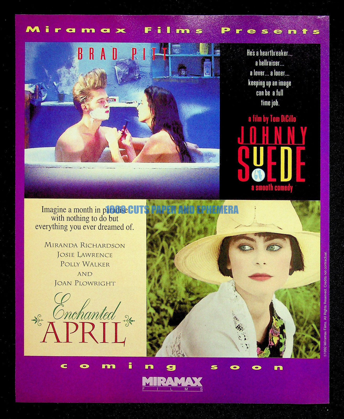 Johnny Suede + Enchanted April Miramax Films 1992 Trade Print Magazine Ad Poster