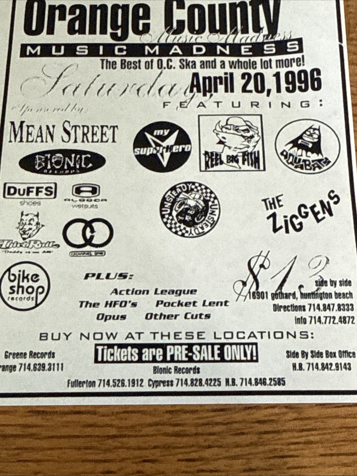 Vintage Orange County Music Madness 1996 Concert Show Flyer Ziggens RBF Unsteady