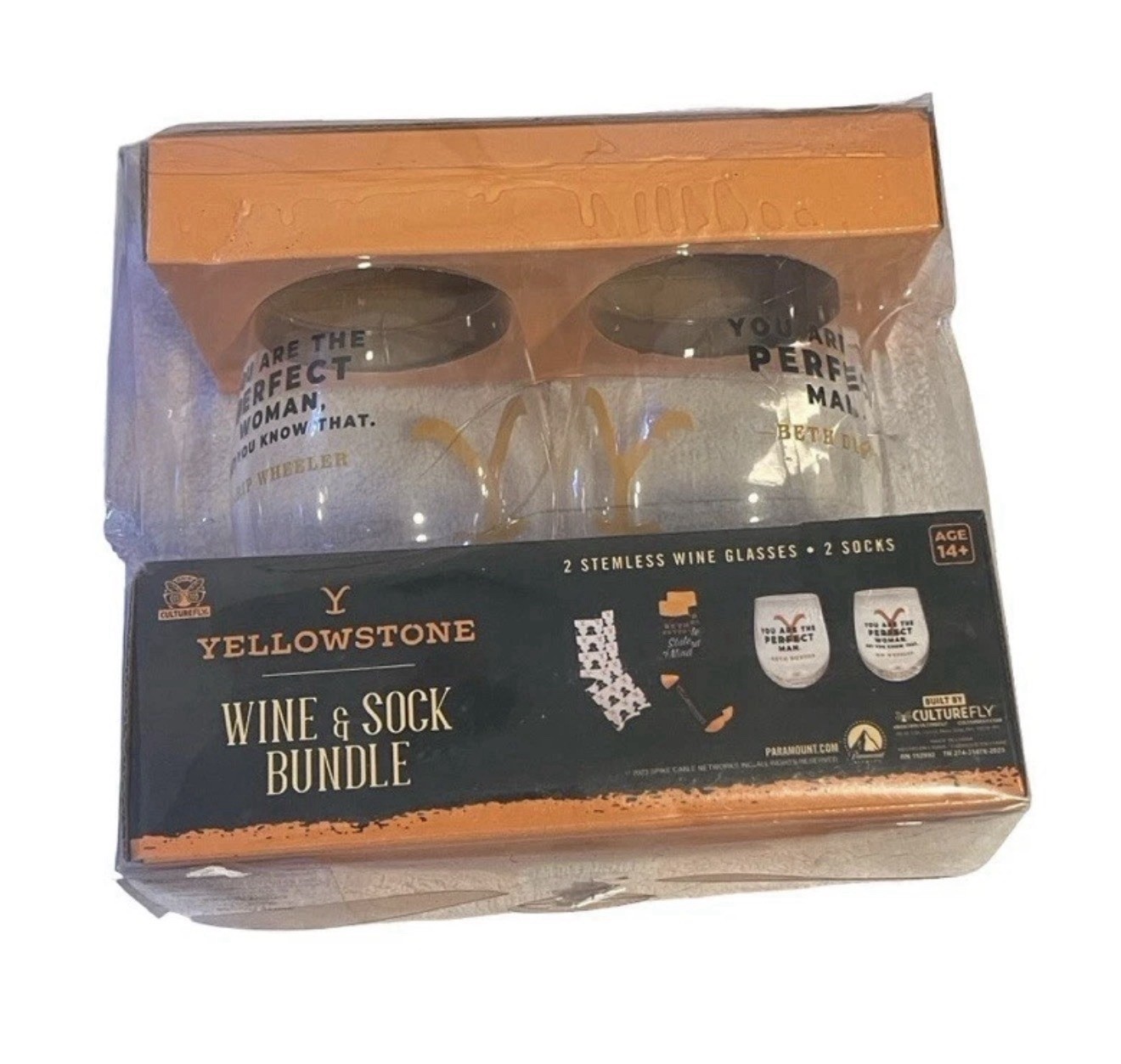 Yellowstone Wine Glasses & Sock Bundle Rip Wheeler Beth Paramount Dutton Ranch