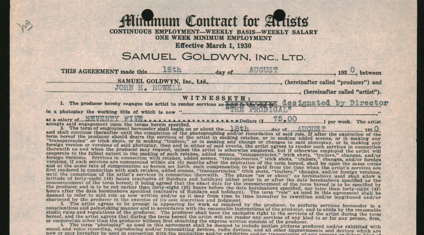THE DEVIL TO PAY! / John H. Howell 1930 signed artist contract unspecified role