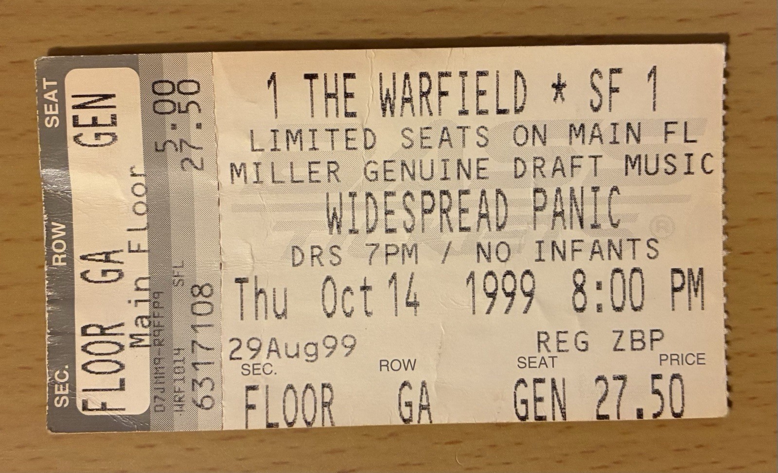 1999 WIDESPREAD PANIC THE FILLMORE SAN FRANCISCO 10/14 CONCERT TICKET STUB