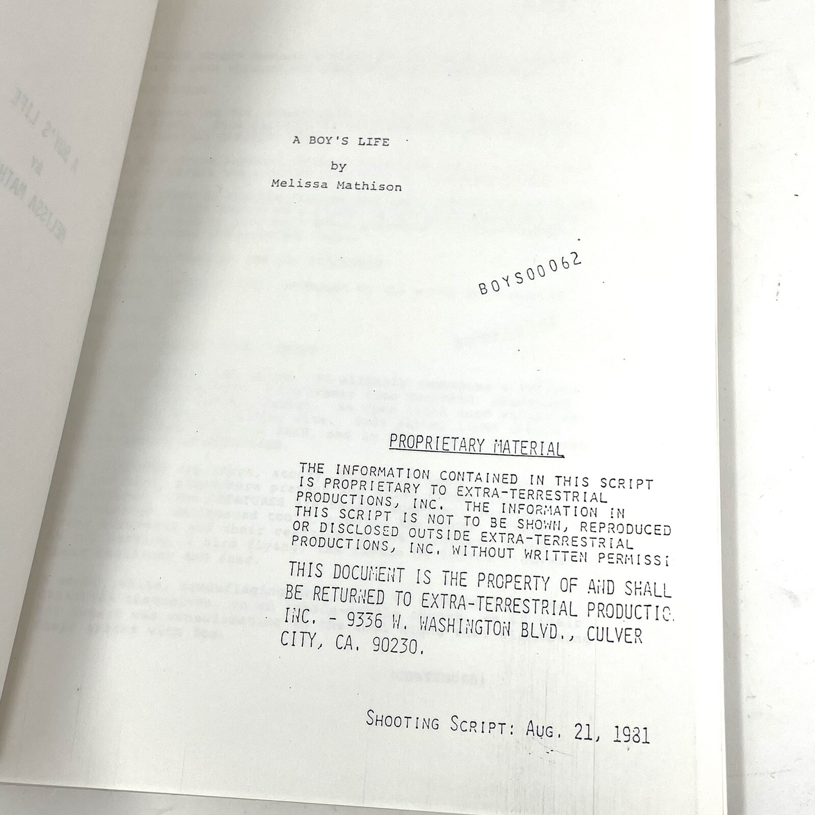 ET Movie Script 1981 Working Title A Boys Life Original Willian Kotzwinkle Copy