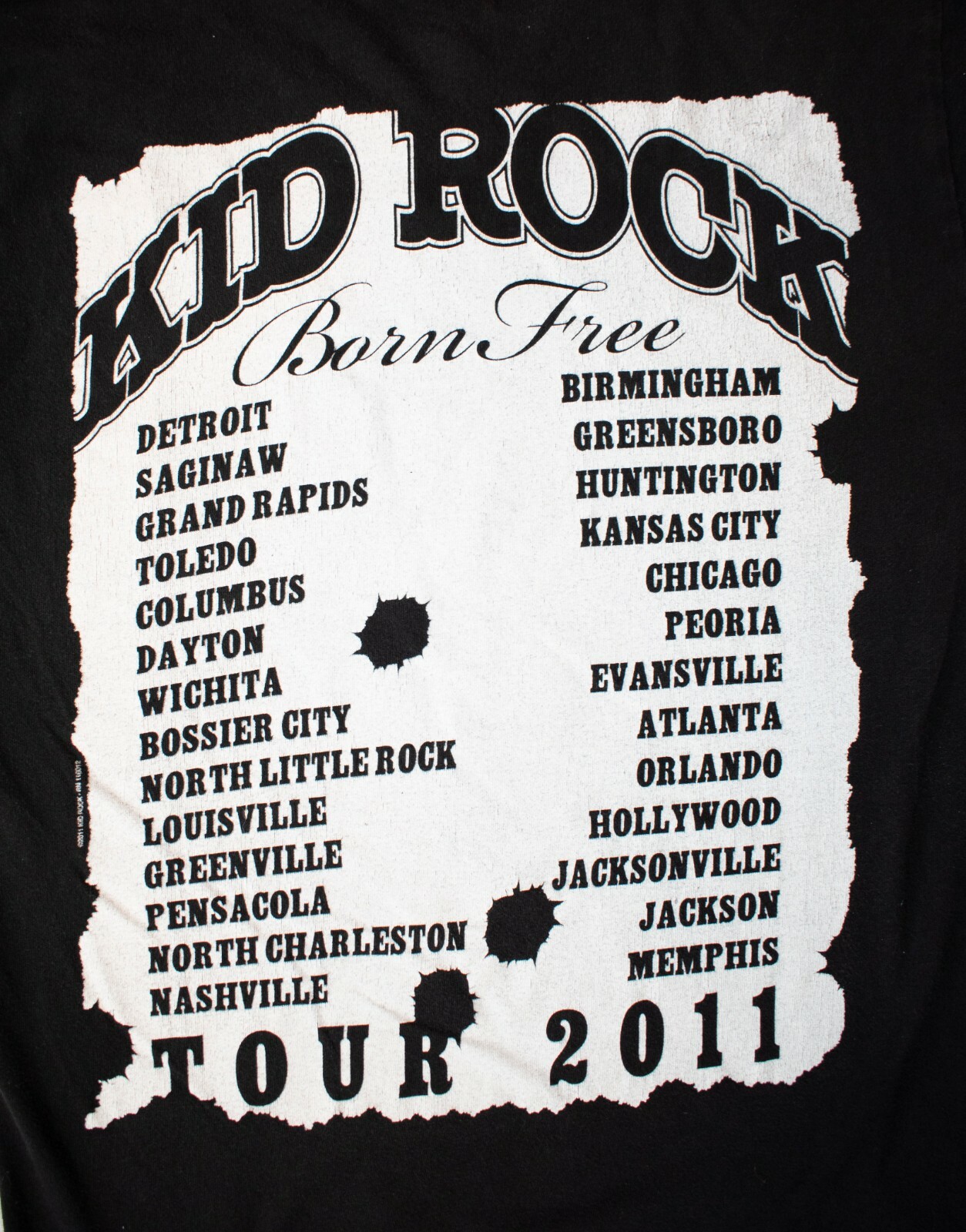 2011 Kid Rock Born Free Concert Tour w/ Dates Rock Music Black Sz Small Shirt