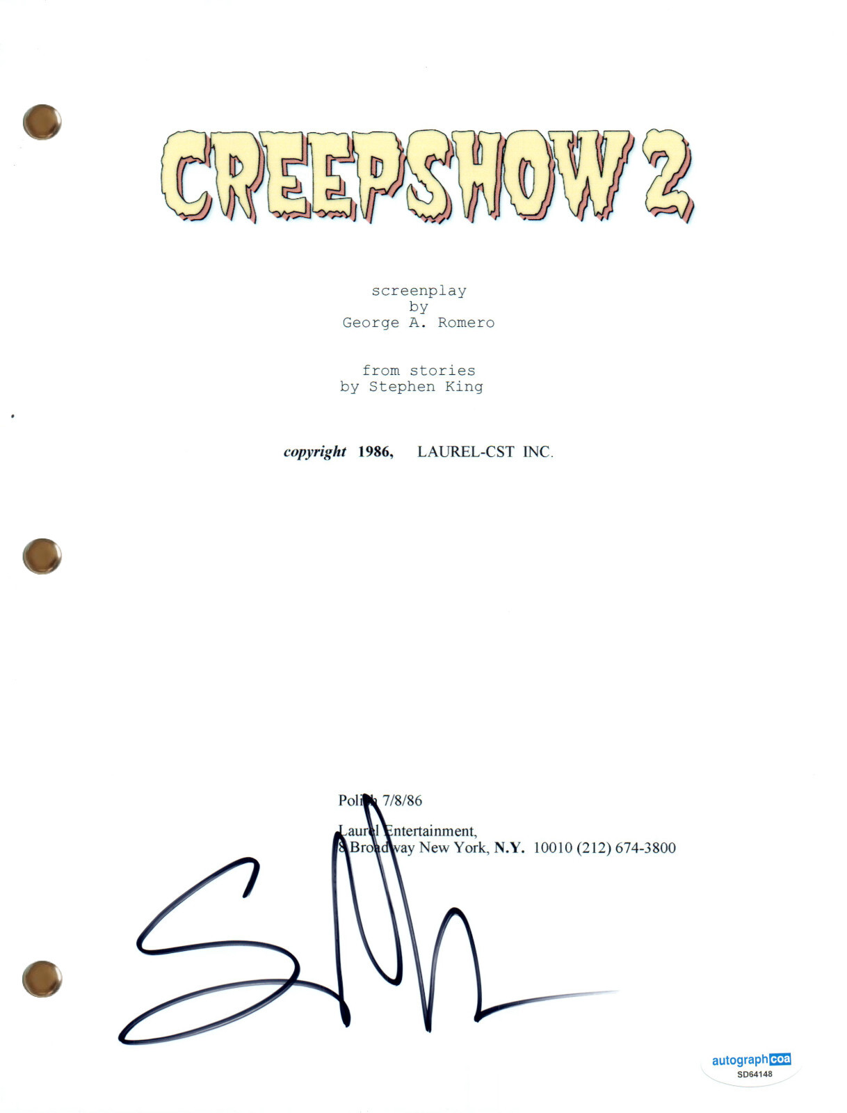 Greg Nicotero “Creepshow 2” Signed Autograph Movie Script Screenplay Horror ACOA