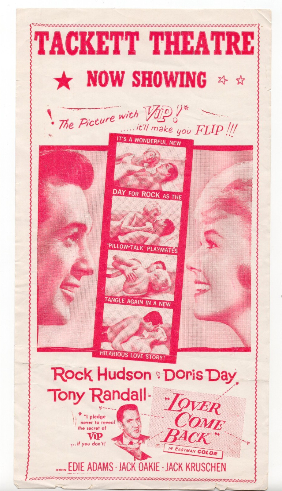 1961 – Tackett Theatre Coffeyville KS Lover Come Back Movie Flyer Doris Day XL2O