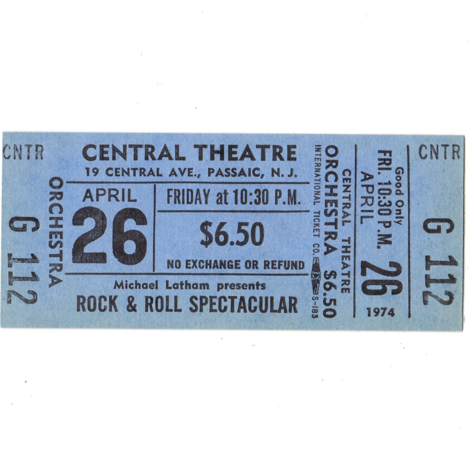 CHUBBY CHECKER & THE COASTERS Concert Ticket Stub PASSAIC 4/26/74 CENTRAL LATE