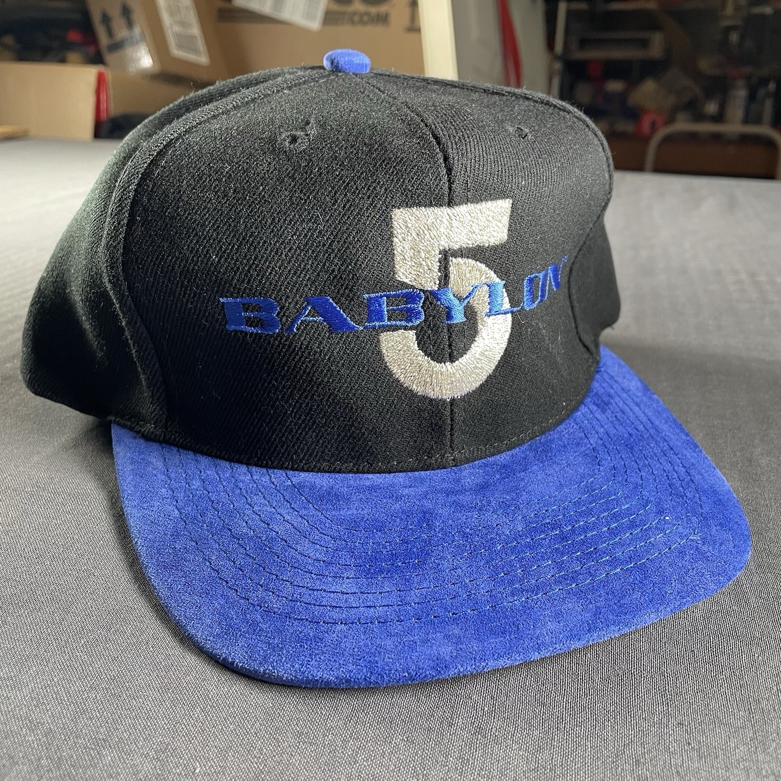 Vintage Babylon 5 Otto Cap Snapback Hat Black Blue Suede Brim Mens 90s