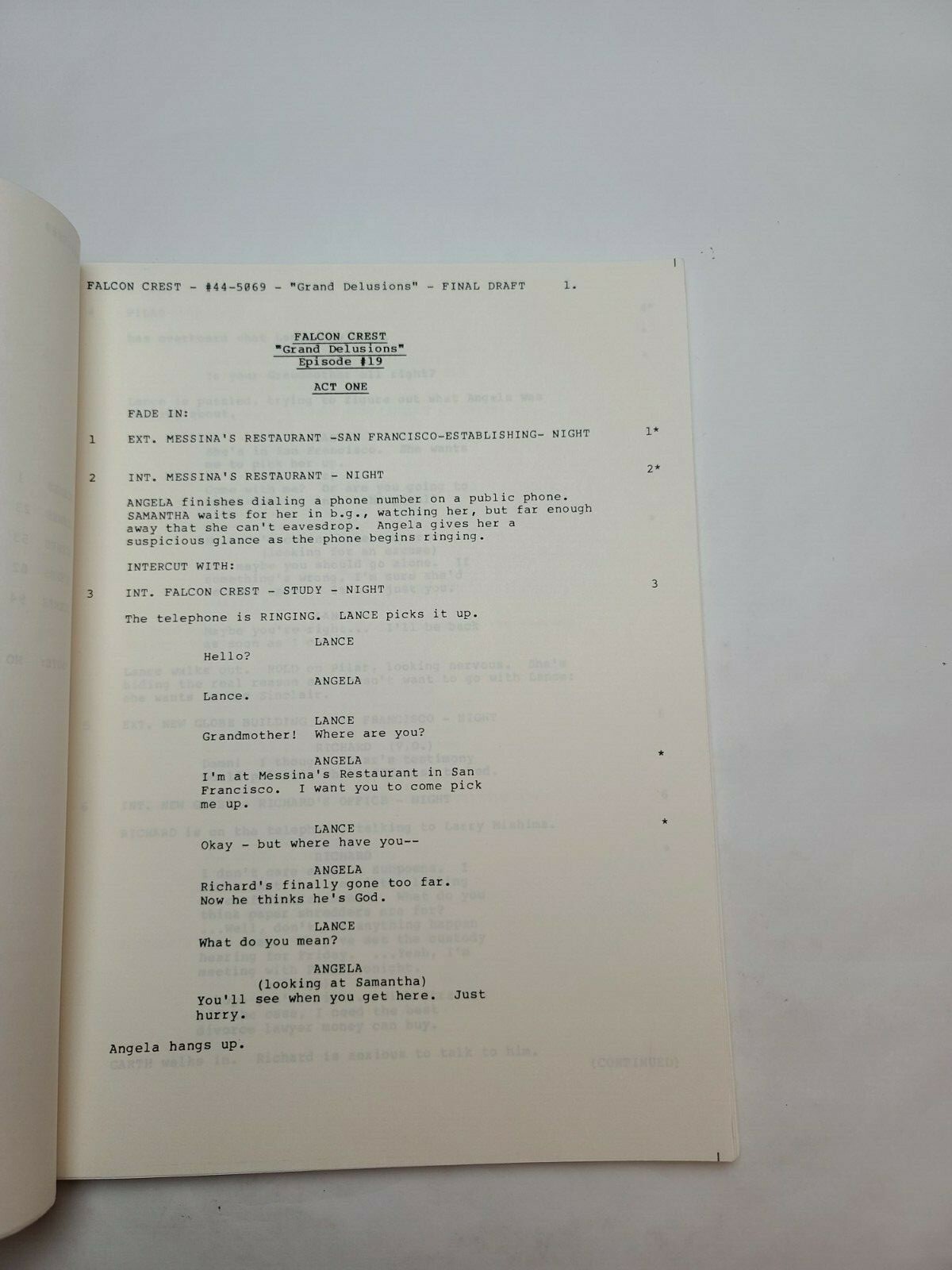 FALCON CREST / Mark Edens 1989 TV Script, Jane Wyman “Grand Delusions”