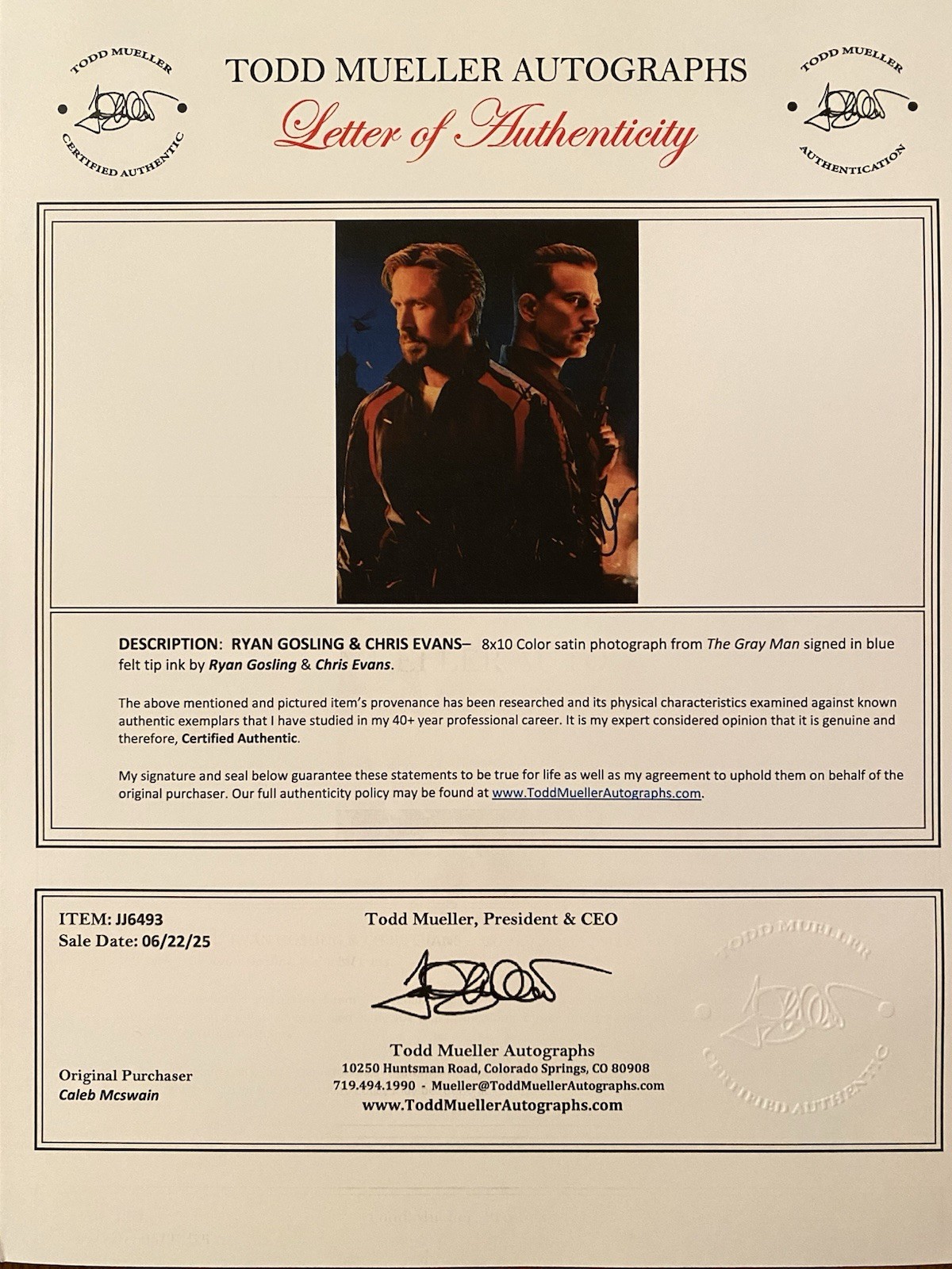 Ryan Gosling Chris Evans Duel Signed Autographed Photo The Gray Man With COA