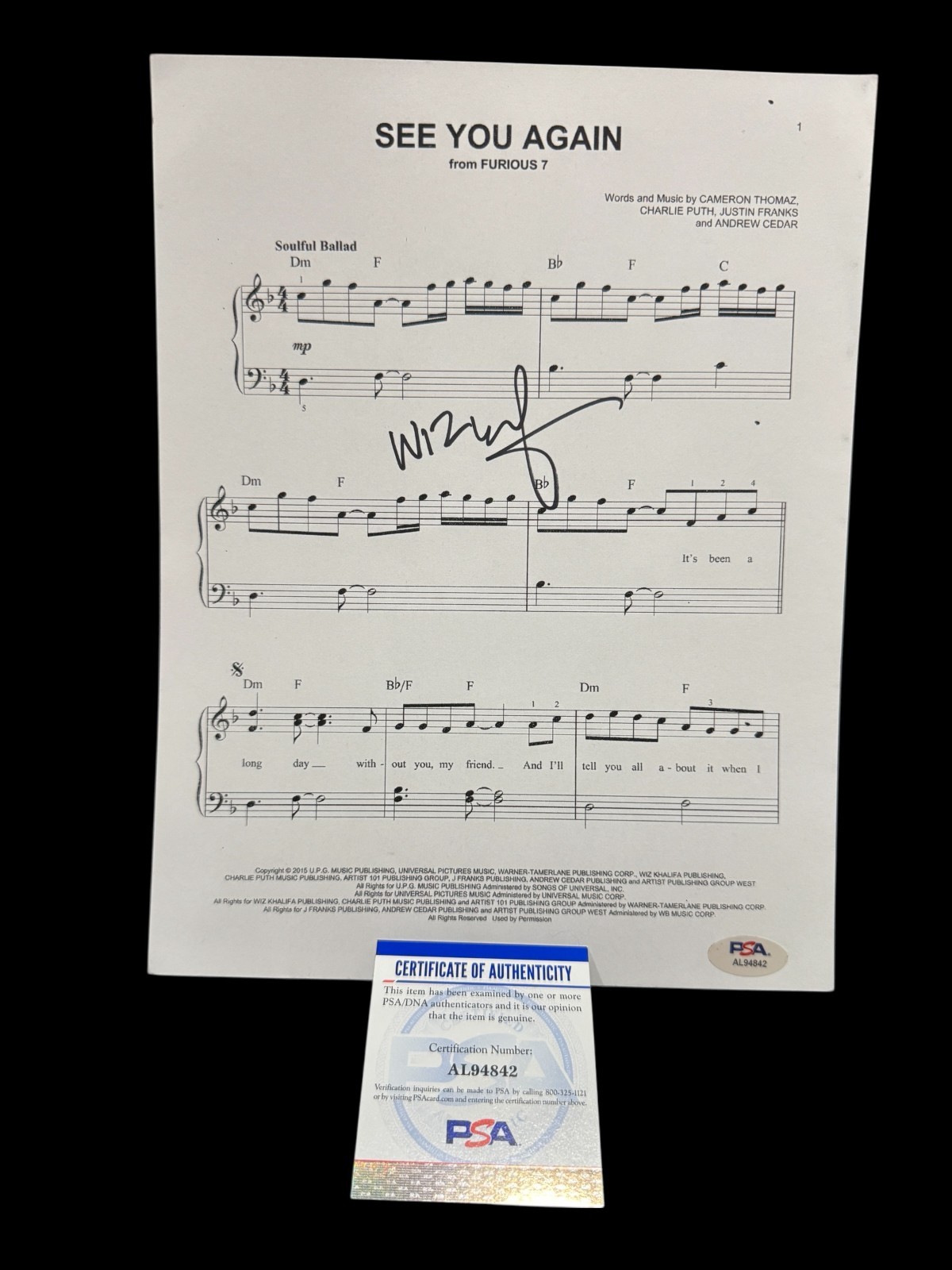 WIZ KHALIFA SIGNED AUTOGRAPH FURIOUS 7 SEE YOU AGAIN 8.5X11 MUSIC SHEET PSA/DNA