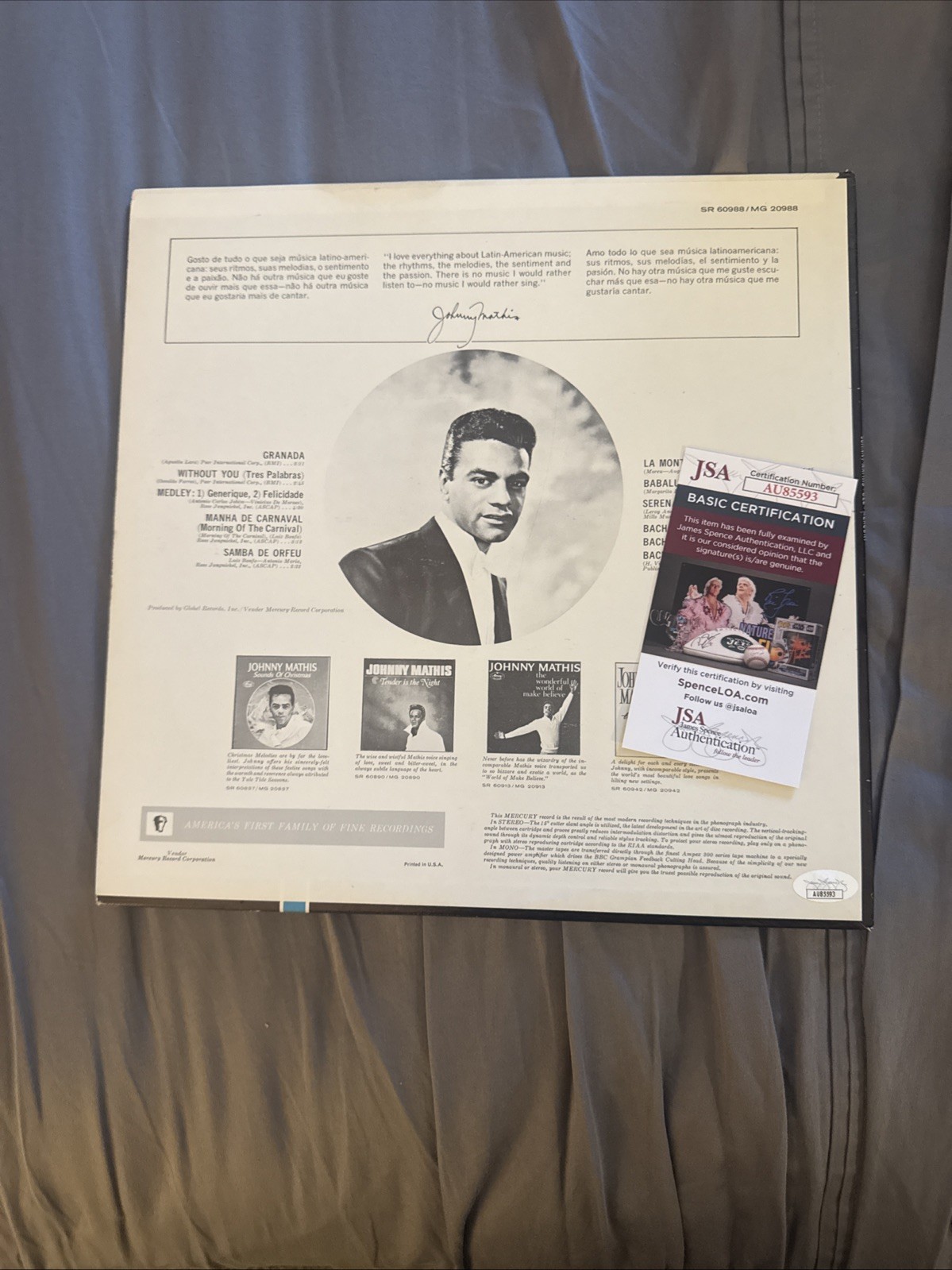 JOHNNY MATHIS SINGER SIGNED AUTOGRAPHED OLE VINYL RECORD JSA Certified
