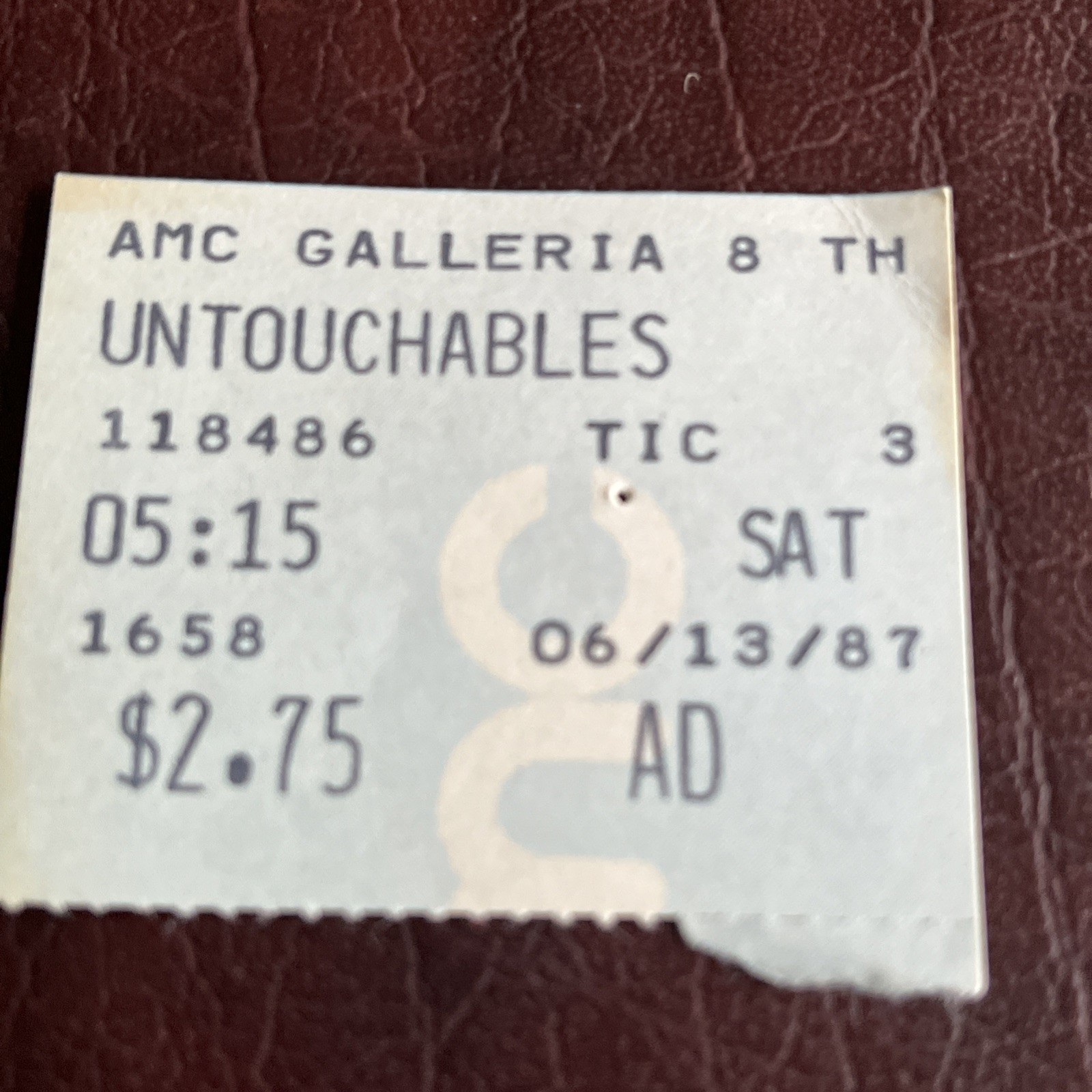 1987 The Untouchables Original Release Movie Ticket Stub 6/13/87 Sean Connery