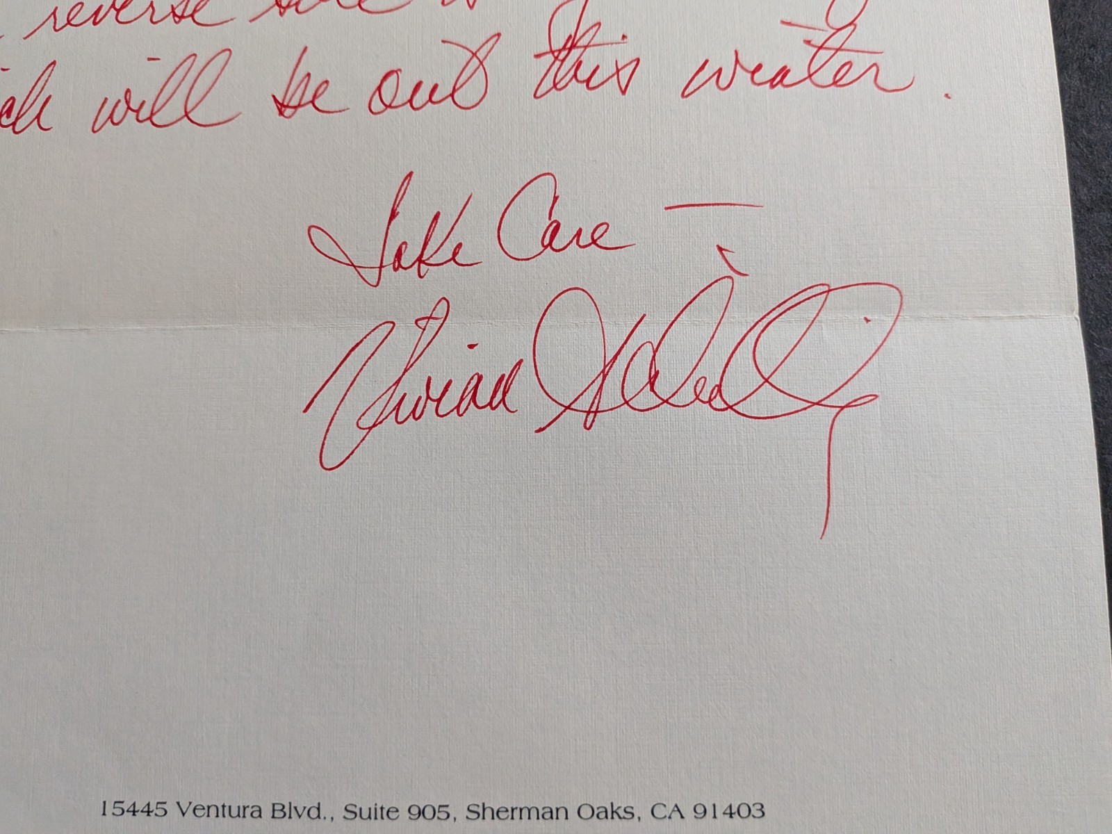 Vivian Schilling Signed 1993 Handwritten Letter – Actress, Author, Screenwriter