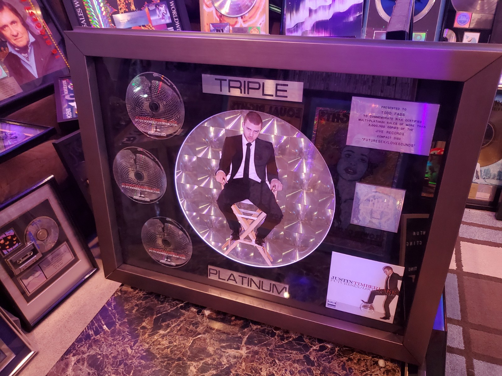 JUSTIN TIMBERLAKE RIAA CERTIFIED SALES AWARD TRIPLE PLATINUM PLAQUE