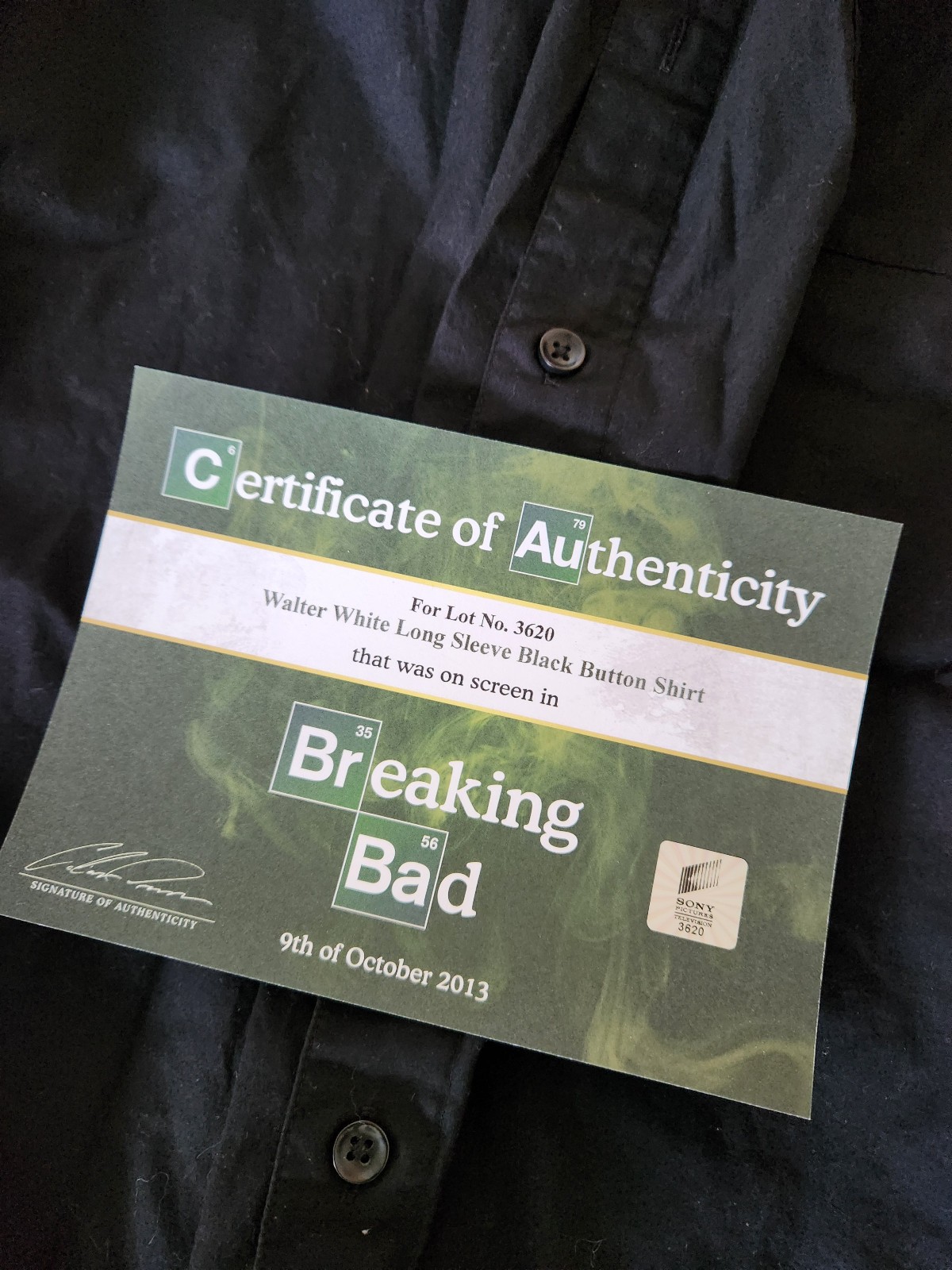Breaking Bad Original Screen Used Walter White Black Button Shirt Movie Prop