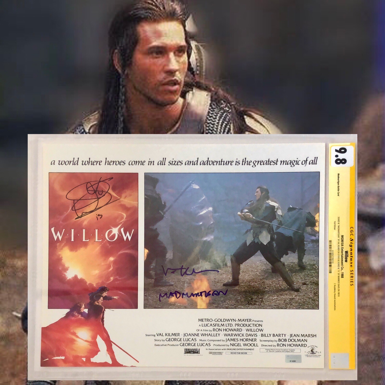 CGC 9.8 SS Willow Lobby Card signed by Warwick Davis & Val Kilmer 11×14 1988