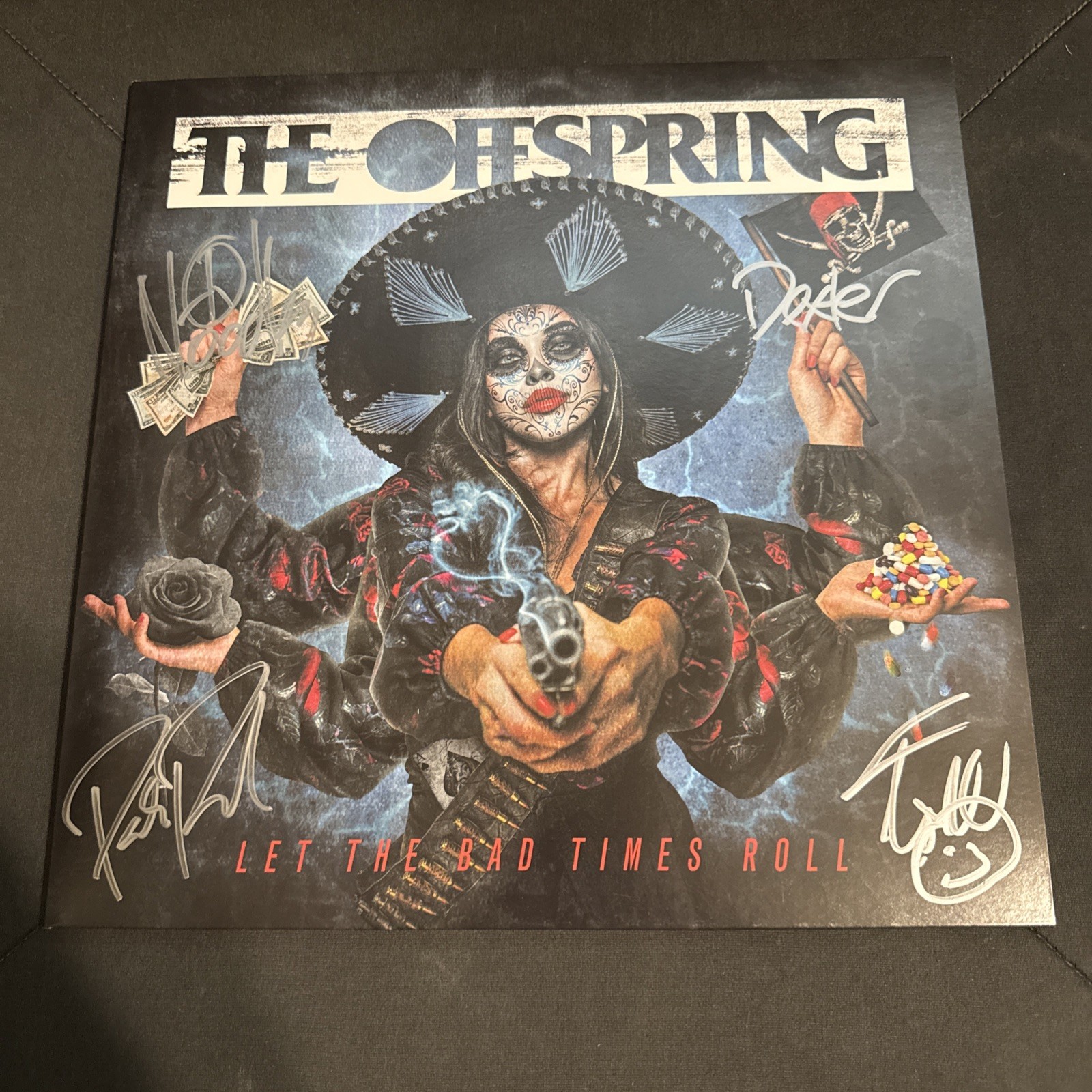 The Offspring Group Signed Vinyl Record Cover Let The Bad Times Roll. Authentic