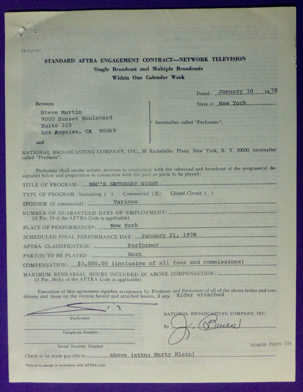 STEVE MARTIN – SIGNED – AFTRA CONTRACT – TO HOST NBC SATURDAY NIGHT LIVE