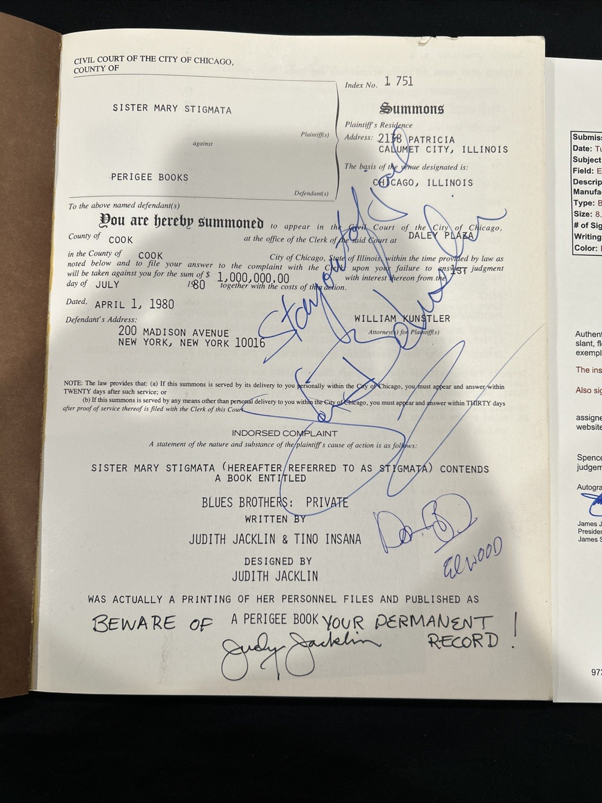 Blues Brothers: Private Signed John Belushi, Dan Aykroyd, Judi Belushi JSA