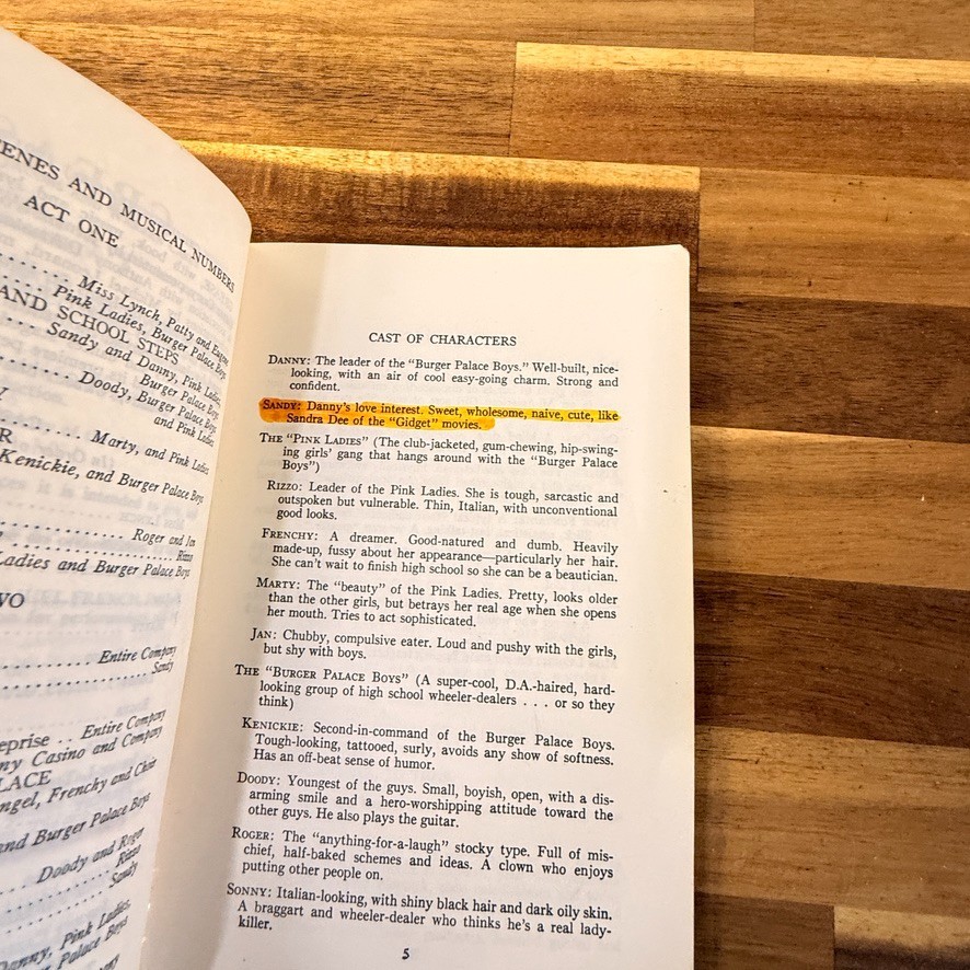 Vintage Grease Musical Script Book Samuel French: Sandy’s Highlighted Lines
