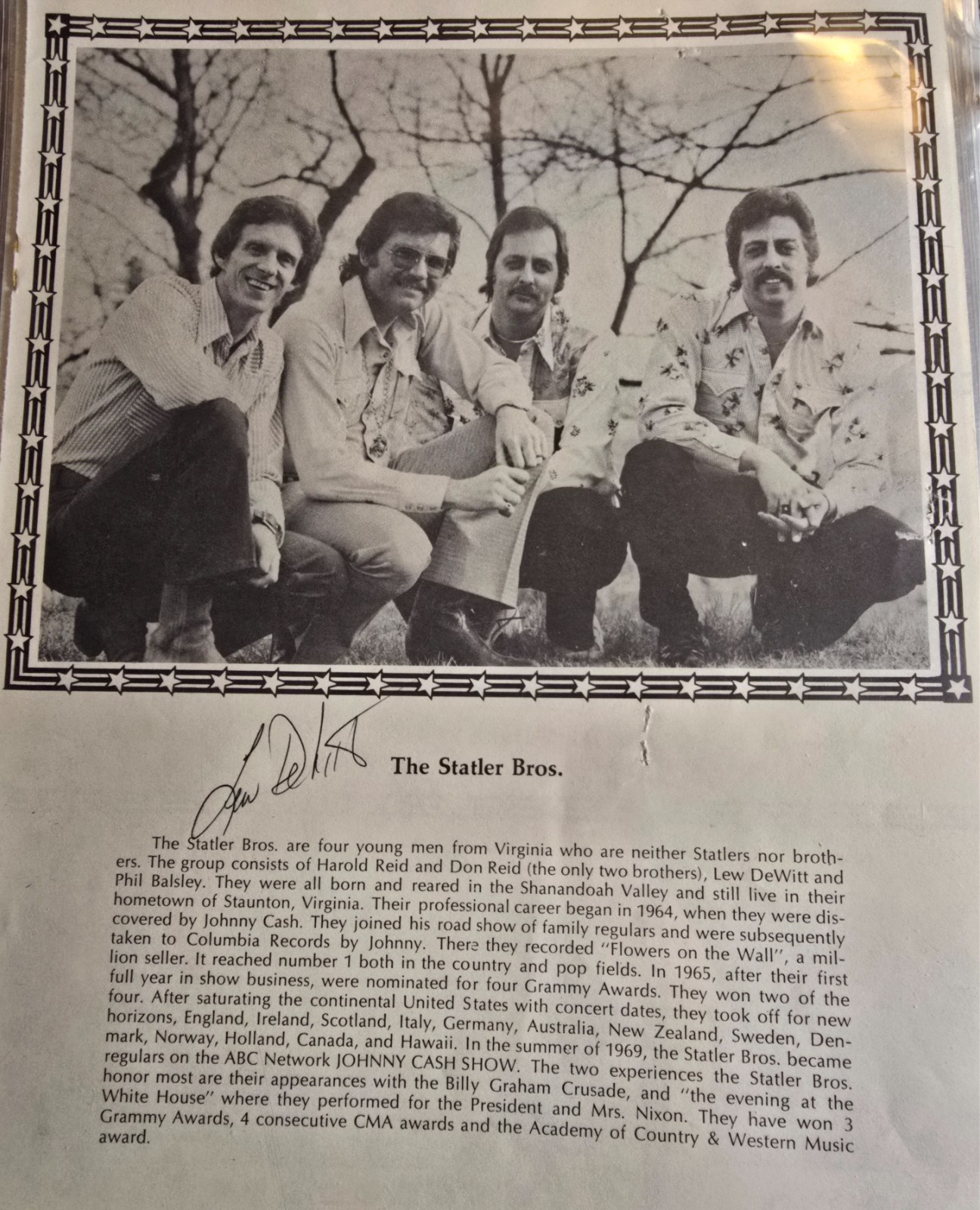 Statler Brothers Lew DeWitt Signed 8 `1/2″ x 10 1/2″ Photo