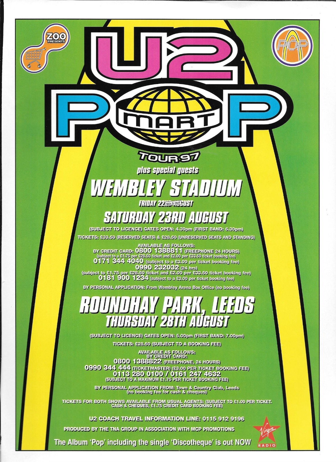 U2 / POP MART TOUR / WEMBLEY STADIUM / 1997 ORIGINAL VINTAGE UK print ad 9×12