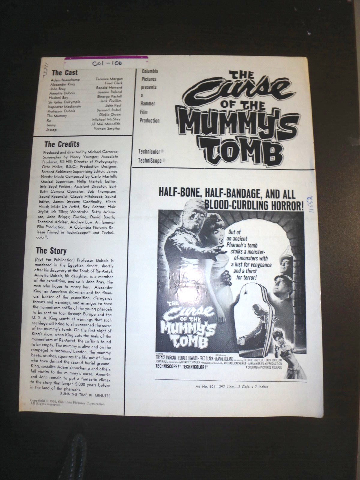 “CURSE OF THE MUMMY’S TOMB/NIGHTMARE” 1964 ORIGINAL PRESS BOOK SET!