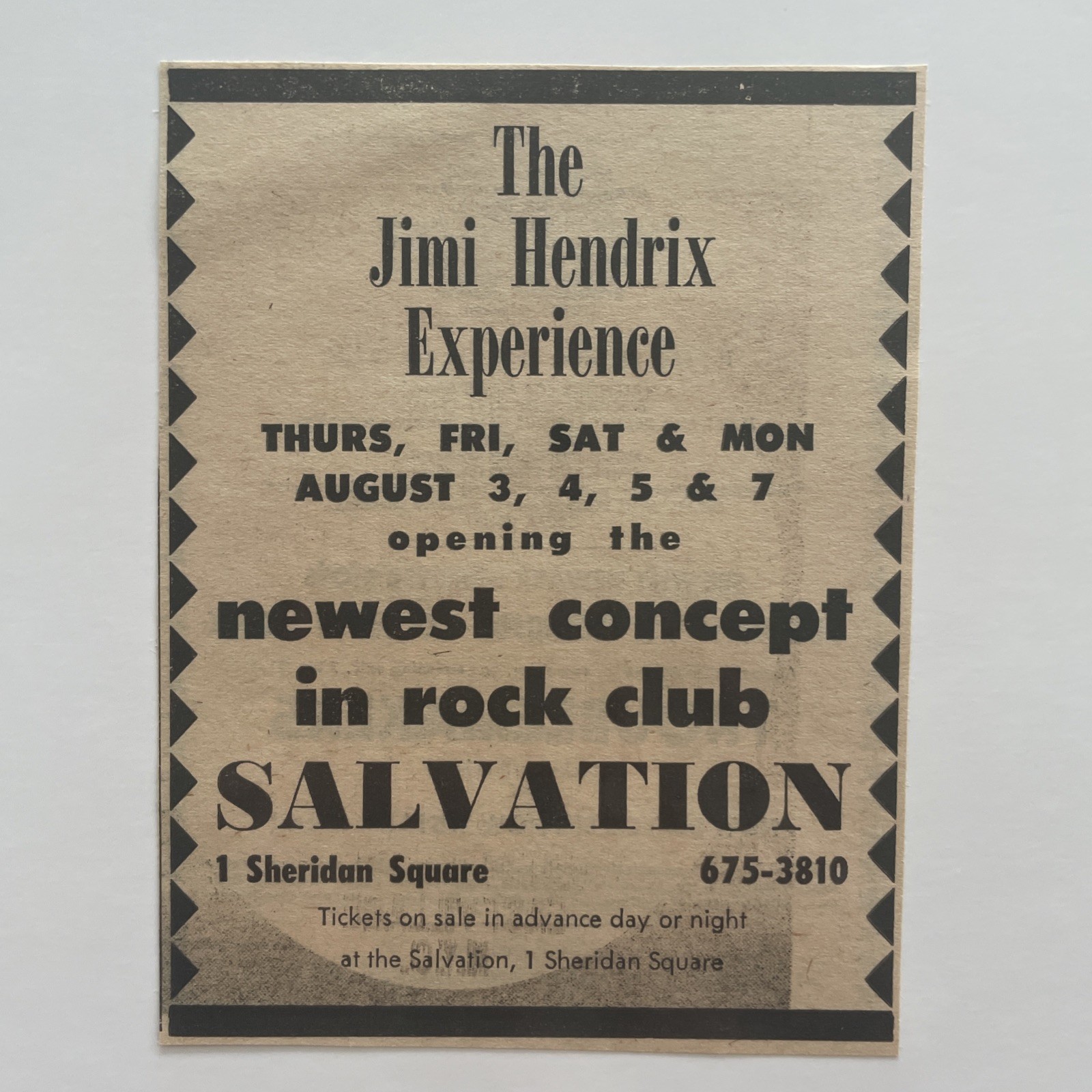 1967 Jimi Hendrix Experience, THE SALVATION CLUB N.Y.C, Concert Ad