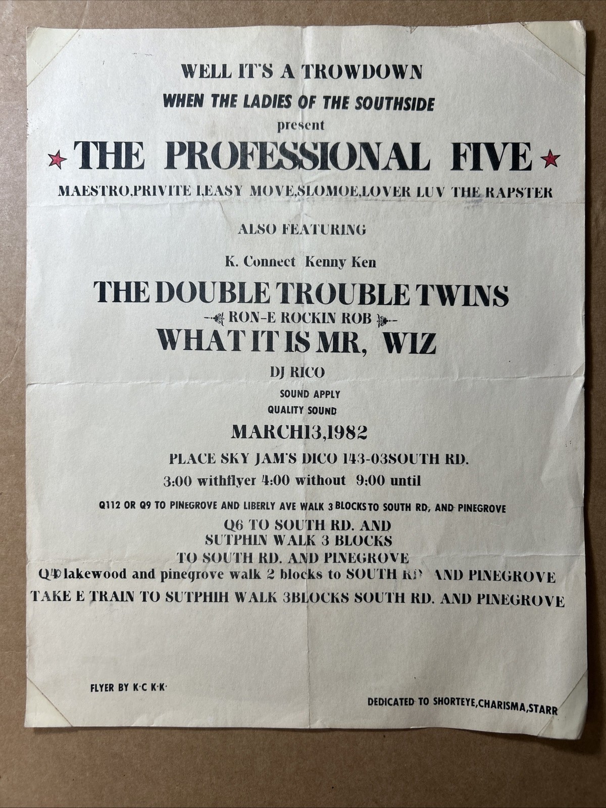 1982 The Professional Five THE DOUBLE TROUBLE TWINS NYC Rap Show Flyer Hip Hop