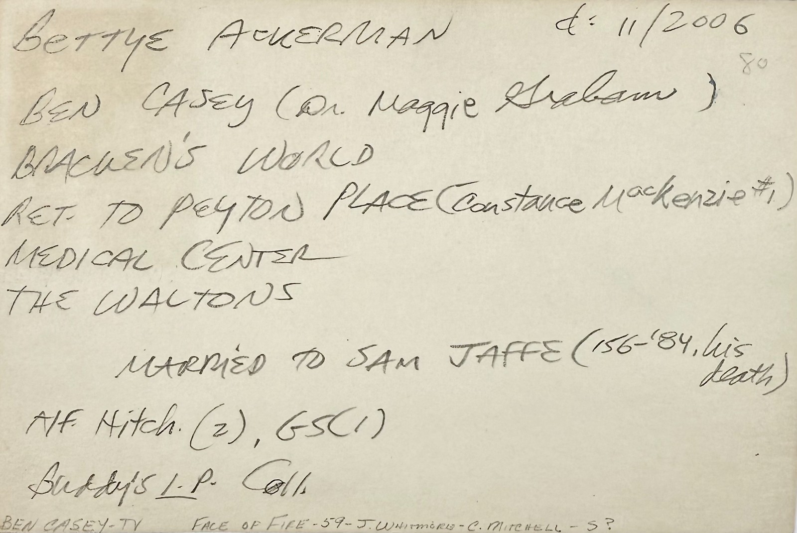 BETTYE ACKERMAN Signed Autographed 4″ x 6″ INDEX CARD Prehysterial 2 BEN CASEY