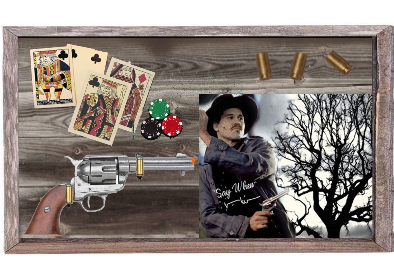 Old West Six Shooter Nonfiring Prop Gun Doc Holliday Say When 14×27 On Barnwood