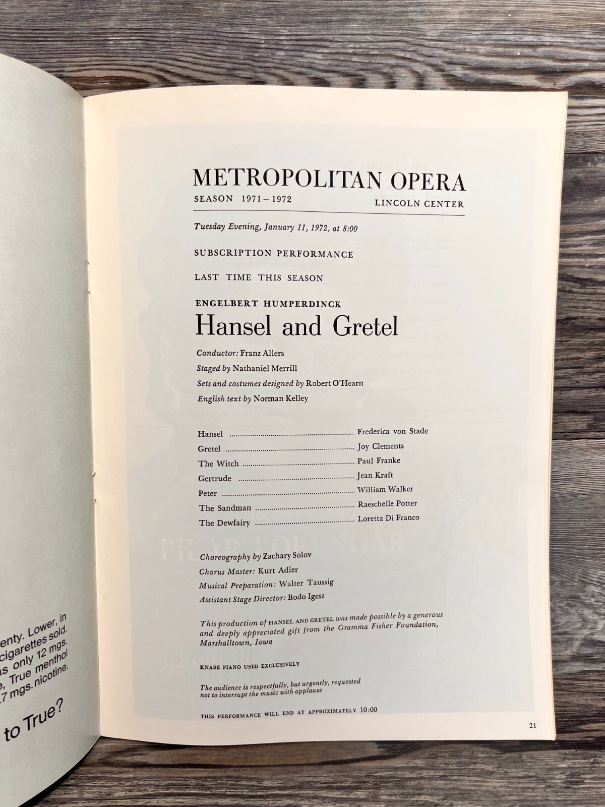 HANSEL AND GRETEL, PROGRAM, JANUARY 1972, METROPOLITAN OPERA
