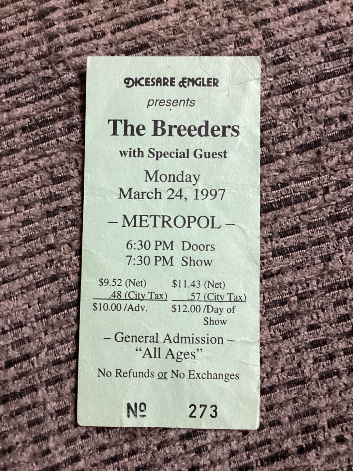 Ticket Stub – THE BREEDERS – 24 March 1997 – METROPOL – PITTSBURGH, PA