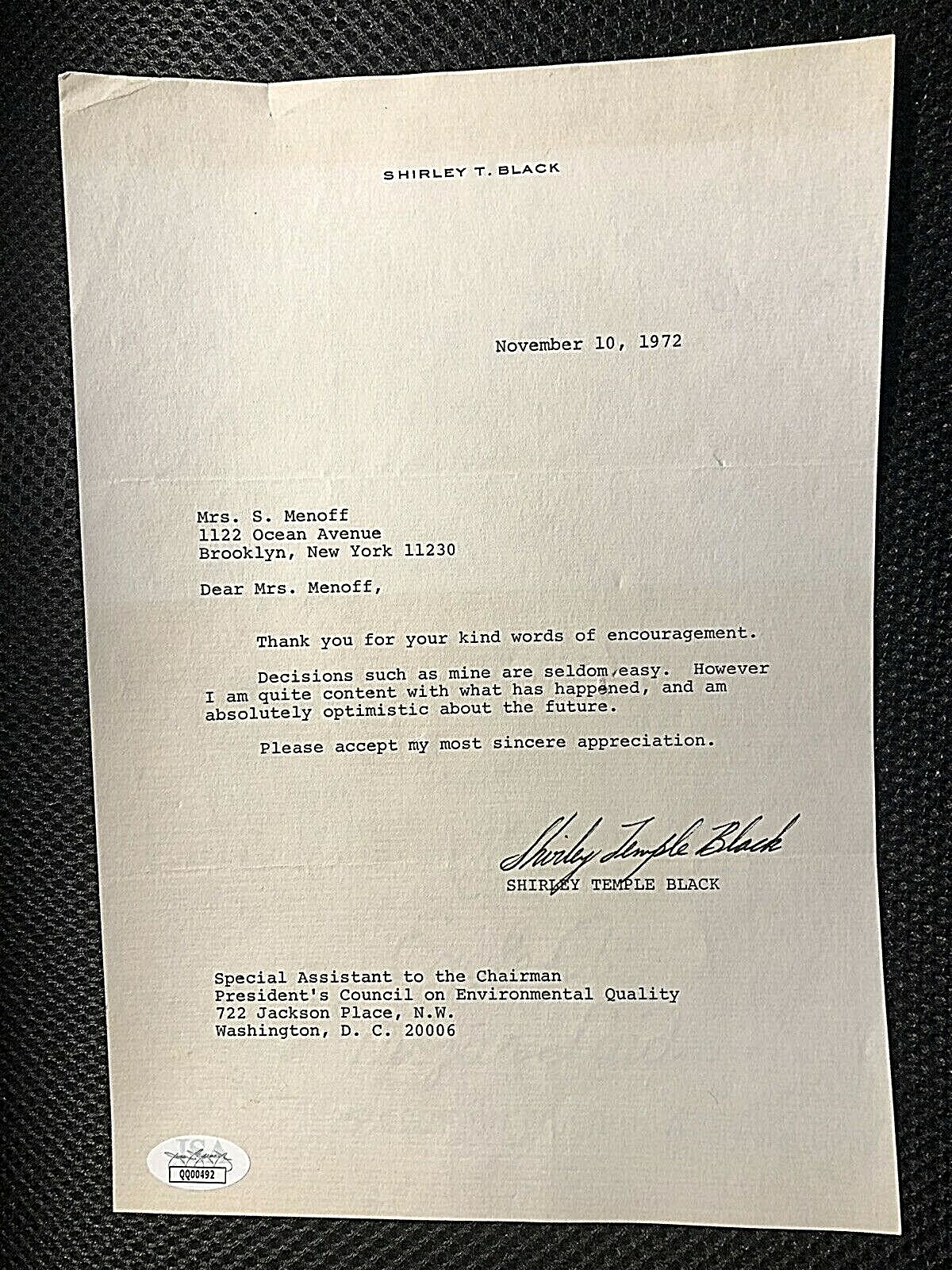 SHIRLEY TEMPLE SIGNED 1972 LETTER ON RARE “SHIRLEY T. BLACK” STATIONERY W/JSA!!