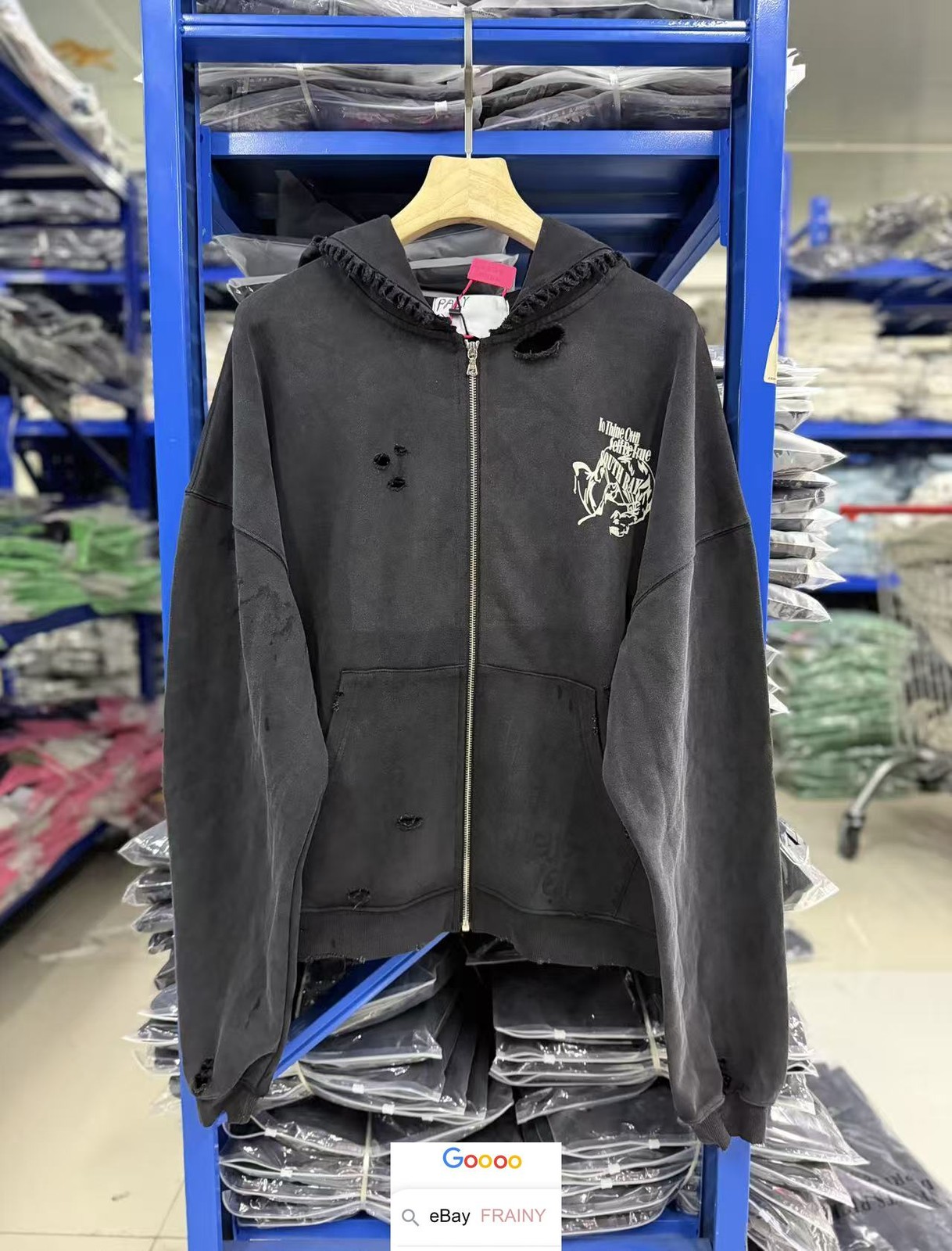 American High Street Hand Distressed Washed Zip Up Hoodie Unisex Sweatshirt Coat