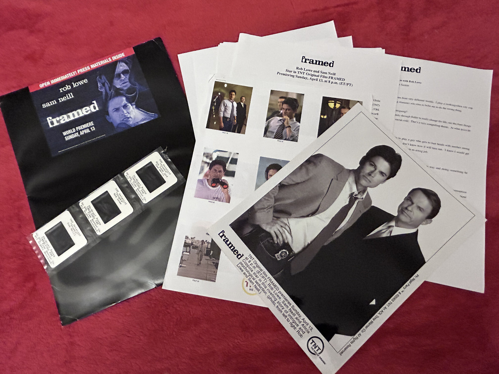 FRAMED press kit w/ 8×10 photo + three color 35mm slides ROB LOWE SAM NEILL