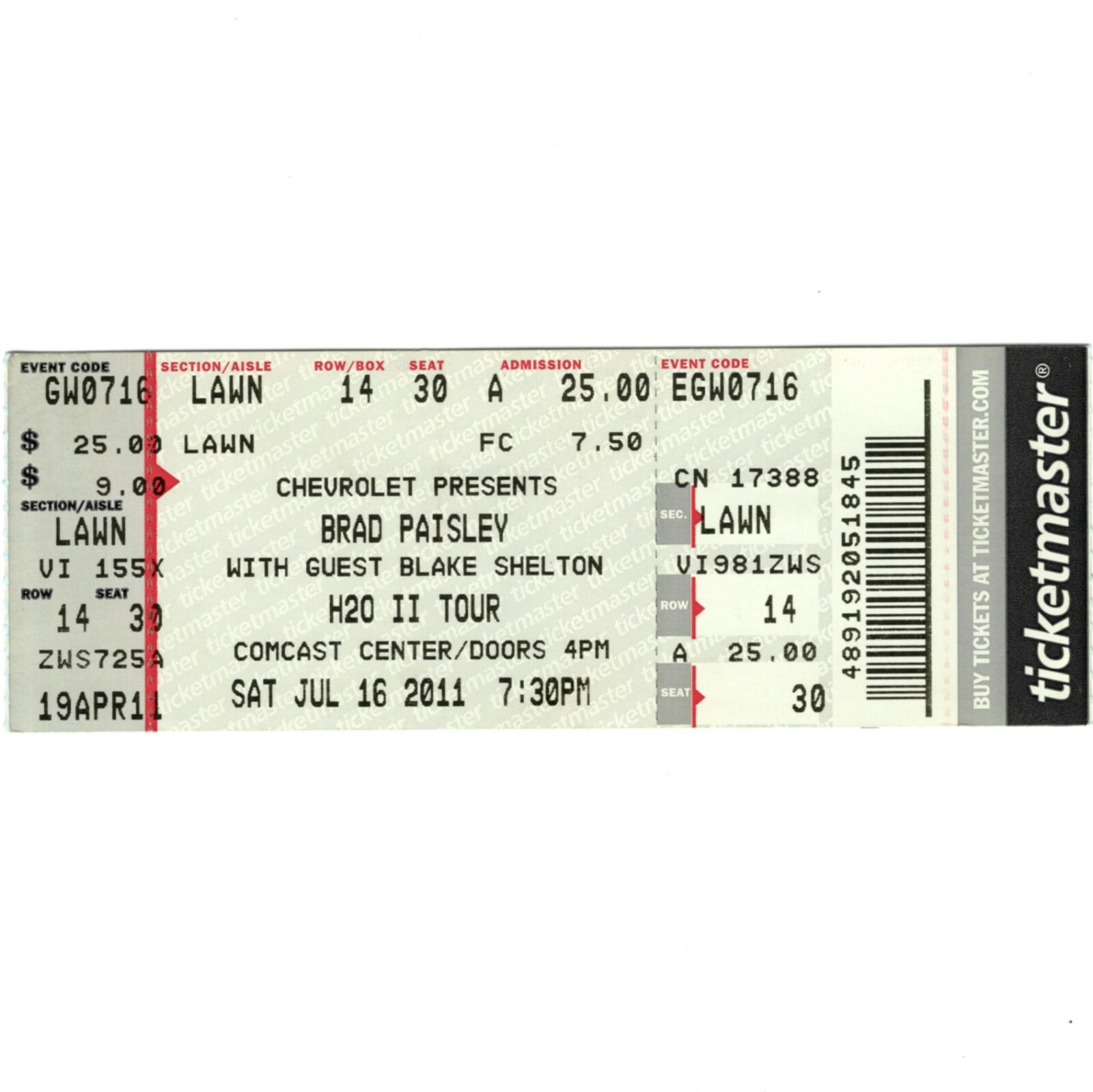 BRAD PAISLEY & BLAKE SHELTON Concert Ticket Stub MANSFIELD MA 7/16/11 H2O TOUR