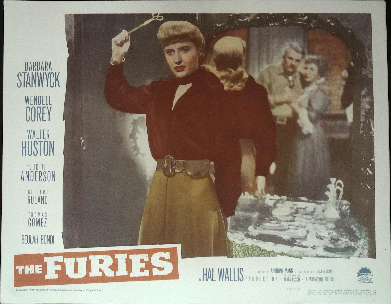 The Furies Lobby Card 1950 Barbara Stanwyck threatens Walter Huston w/ scissors!
